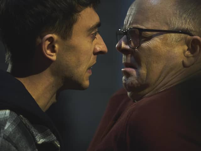 Simon Henderson (Jason Watkins, right) is confronted by young thug Jordan (Joe Barber) in the Channel 5 drama Coma (Picture: Channel 5)