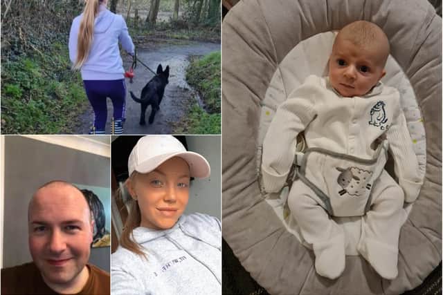 Clockwise from top left; Orla on her sponsored walk, Mandy Defty's baby grandson, Faye Turner, fundraising for Mind and Steven Lomas, fundraising in honour of his nephew with a sponsored head shave.