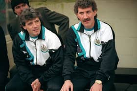 Newcastle United manager Kevin Keegan (left) with his first team coach Terry McDermott during Keegan's first game as manager against Bristol City at St James' Park, 8th February 1992. Newcastle won the match 3-0. (Photo by Mike Hewitt/Getty Images)