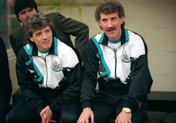 Newcastle United manager Kevin Keegan (left) with his first team coach Terry McDermott during Keegan's first game as manager against Bristol City at St James' Park, 8th February 1992. Newcastle won the match 3-0. (Photo by Mike Hewitt/Getty Images)