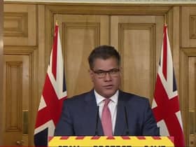 Business Secretary Alok Sharma at today's Downing Street press conference
