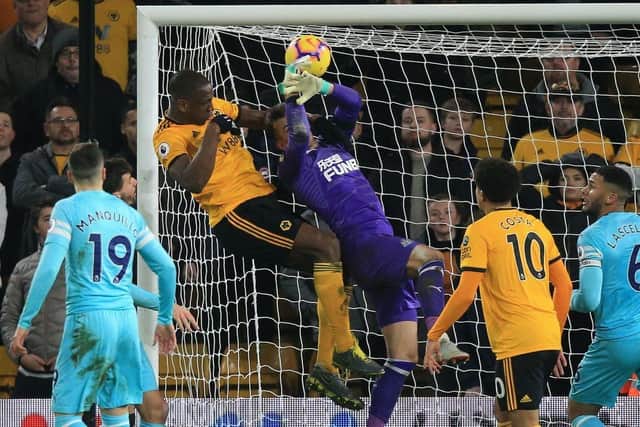 Newcastle United fans felt aggrieved that Boly's challenge on Martin Dubravka went unpunished as the sides drew 1-1 at Molineux back in 2019 (Photo credit should read LINDSEY PARNABY/AFP via Getty Images)