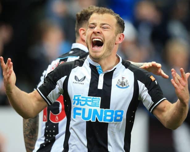Ryan Fraser celebrates scoring his first Newcastle United goal of the season (Photo by LINDSEY PARNABY/AFP via Getty Images)