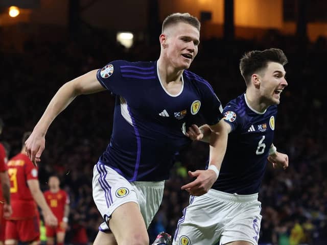 Scotland's Scott McTominay celebrates his second goal against Spain.