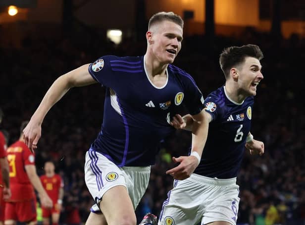 Scotland's Scott McTominay celebrates his second goal against Spain.