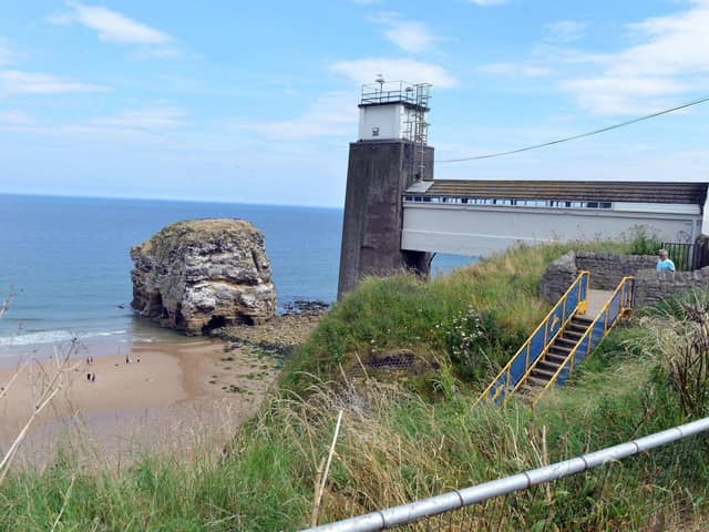 Clifftop view of The Grotto at Marsden, South Tyneside.