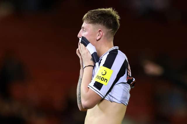 Newcastle United's Jay Turner-Cook reacts at Oakwell.