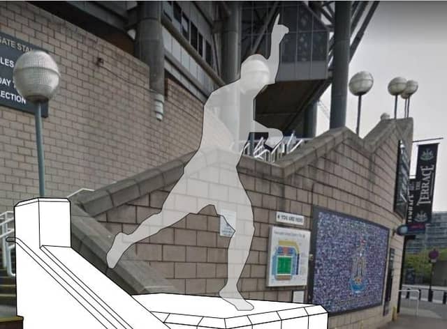 The new proposed location of the Alan Shearer statue outside St James' Park, next to the steps serving the Gallowgate West corner. Photo: Sketch Book Design.