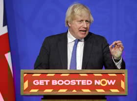 Prime Minister Boris Johnson during a media briefing in Downing Street, London, on coronavirus (Covid-19). Picture date: Wednesday December 15, 2021.