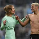 Amanda Staveley, Director of Newcastle United celebrates with Bruno Guimaraes of Newcastle United following their victory in the Premier League match between Newcastle United and Arsenal at St. James Park on May 16, 2022 in Newcastle upon Tyne, England. (Photo by Stu Forster/Getty Images)