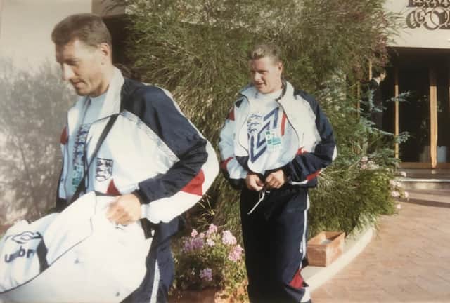 Terry Butcher and Paul Gascoigne leaving the ‘England’ hotel in Sardinia.