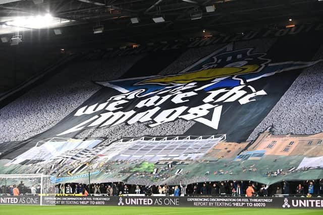 A giant flag in the Gallowgate end titled 'We are the Mags' is pictured during the Premier League match between Newcastle United  and  Everton at St. James Park on February 08, 2022 in Newcastle upon Tyne, England. (Photo by Stu Forster/Getty Images)