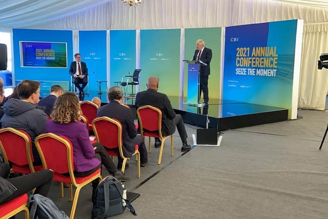 Mr Johnson pictured at the 2021 CBI annual conference, held at The Port of Tyne, South Shields.