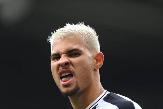 Newcastle player Bruno Guimaraes reacts during the Premier League match between Newcastle United and Brentford FC at St. James Park on October 08, 2022 in Newcastle upon Tyne, England. (Photo by Stu Forster/Getty Images)