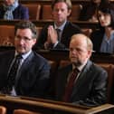 Pictured: John Hollingworth as James Hartley and Toby Jones as Alan Bates in a scene from the TV show Mr Bates vs The Post Office.