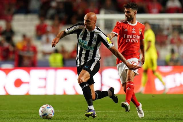 Jonjo Shelvey of Newcastle United FC with Rafa Silva of SL Benfica in action during the Eusebio Cup match between SL Benfica and Newcastle United at Estadio da Luz on July 26, 2022 in Lisbon, Portugal. (Photo by Gualter Fatia/Getty Images)