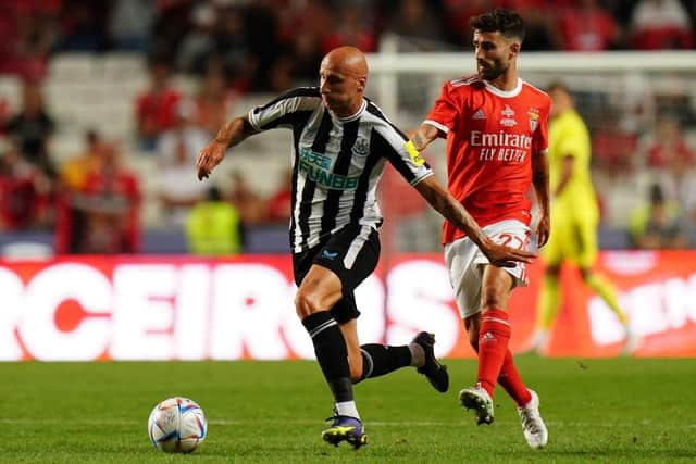 Jonjo Shelvey of Newcastle United FC with Rafa Silva of SL Benfica in action during the Eusebio Cup match between SL Benfica and Newcastle United at Estadio da Luz on July 26, 2022 in Lisbon, Portugal.  (Photo by Gualter Fatia/Getty Images)