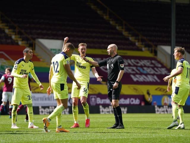 Newcastle United were controversially denied a penalty against Burnley following James Tarkowski's high boot on Sean Longstaff.  (Photo by JON SUPER/POOL/AFP via Getty Images)