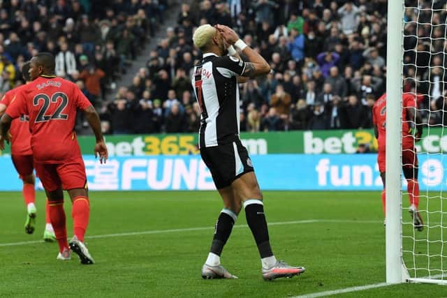 Newcastle United's Brazilian striker Joelinton reacts after failing to score during the English Premier League football match between Newcastle United and Watford at St James' Park in Newcastle-upon-Tyne, north-east England on January 15, 2022. (Photo by PAUL ELLIS/AFP via Getty Images)