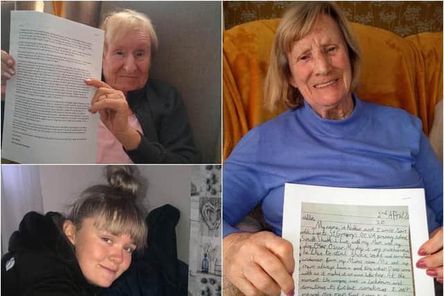 Chloe Mason (bottom left) and Cheviot Court care home residents with letters for their pen pals.