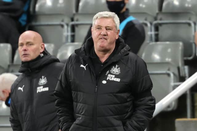 Steve Bruce, Manager of Newcastle United reacts during the Premier League match between Newcastle United and Aston Villa at St. James Park on March 12, 2021 in Newcastle upon Tyne, England.