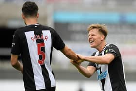 Matt Ritchie celebrates with Fabian Schar.