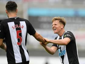 Matt Ritchie celebrates with Fabian Schar.