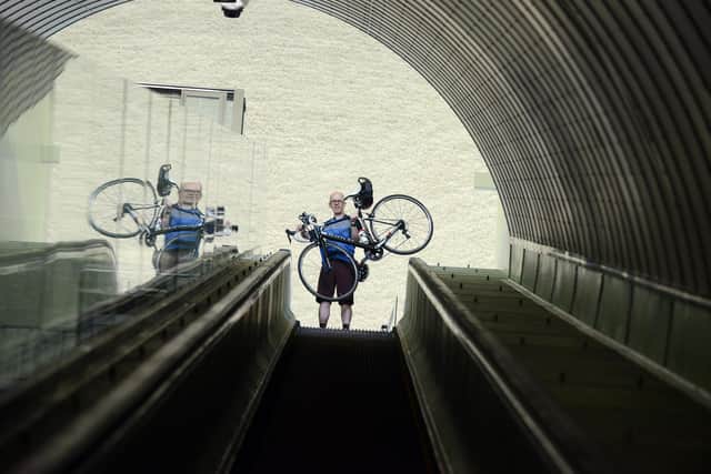  Cyclist Carlton Turnbull at the opening of Tyne Pedestrian Tunnel, Wallsend.