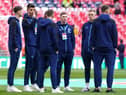 Newcastle United players walk the pitch prior to the Carabao Cup Final match at Wembley Stadium, London.