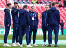 Newcastle United players walk the pitch prior to the Carabao Cup Final match at Wembley Stadium, London.