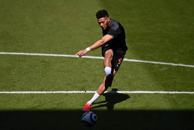 Newcastle striker Joelinton during shooting practice during the warm up before the Premier League match between Newcastle United and West Ham United at St. James Park on April 17, 2021 in Newcastle upon Tyne, England.