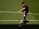Newcastle striker Joelinton during shooting practice during the warm up before the Premier League match between Newcastle United and West Ham United at St. James Park on April 17, 2021 in Newcastle upon Tyne, England.