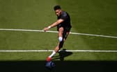 Newcastle striker Joelinton during shooting practice during the warm up before the Premier League match between Newcastle United and West Ham United at St. James Park on April 17, 2021 in Newcastle upon Tyne, England.