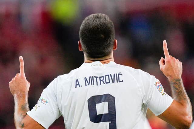 Fulham's Aleksandar Mitrovic celebrates after scoring for Serbia against Norway this week.
