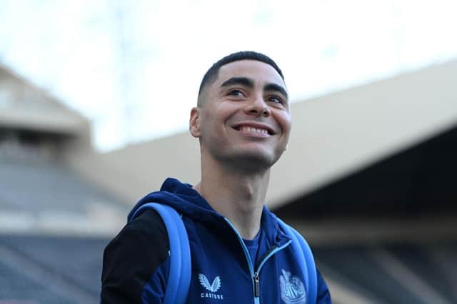 Paraguay international Miguel Almiron of Newcastle United arrives at the stadium prior to the Premier League match between Newcastle United and Chelsea FC at St. James Park on November 12, 2022 in Newcastle upon Tyne, England. (Photo by Stu Forster/Getty Images)