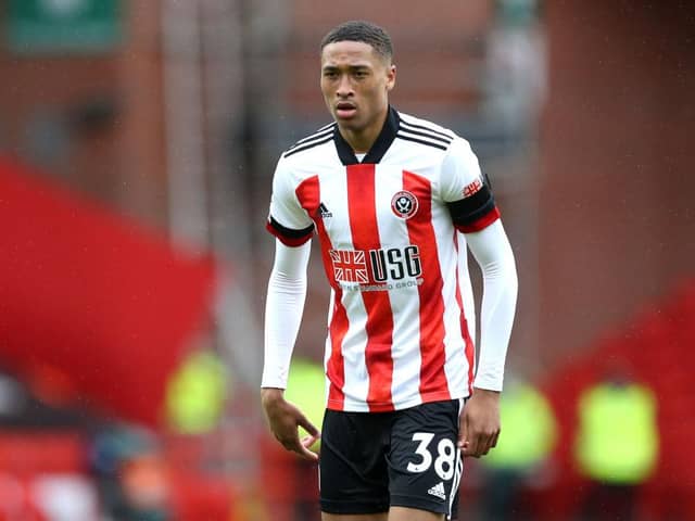 Daniel Jebbison of Sheffield United looks on during the Premier League match between Sheffield United and Burnley at Bramall Lane on May 23, 2021 in Sheffield, England. A limited number of fans will be allowed into Premier League stadiums as Coronavirus restrictions begin to ease in the UK.  (Photo by George Wood/Getty Images)
