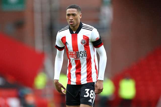 Daniel Jebbison of Sheffield United looks on during the Premier League match between Sheffield United and Burnley at Bramall Lane on May 23, 2021 in Sheffield, England. A limited number of fans will be allowed into Premier League stadiums as Coronavirus restrictions begin to ease in the UK. (Photo by George Wood/Getty Images)