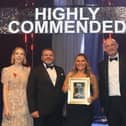 At the awards ceremony, from left, comedian Katherine Ryan who hosted the ceremony, Bellway Durham Managing Director Frank Lincoln, Sophie Curtis and Tom Brough, Sales & Marketing Director of award sponsor GTC