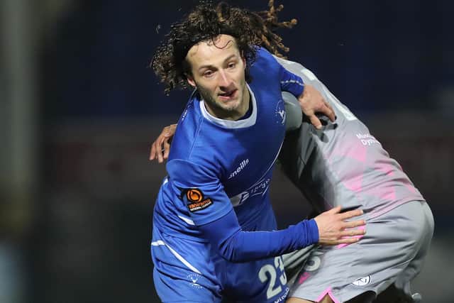 Jacob Mendy of Wealdstone in action with Hartlepool United's Jamie Sterry in the Vanarama National League match between Hartlepool United and Wealdstone at Victoria Park, Hartlepool on Saturday 9th January 2021. (Credit: Mark Fletcher | MI News)
