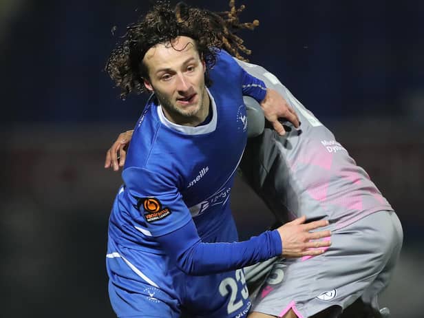 Jacob Mendy of Wealdstone in action with Hartlepool United's Jamie Sterry in the Vanarama National League match between Hartlepool United and Wealdstone at Victoria Park, Hartlepool on Saturday 9th January 2021. (Credit: Mark Fletcher | MI News)