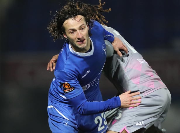 Jacob Mendy of Wealdstone in action with Hartlepool United's Jamie Sterry in the Vanarama National League match between Hartlepool United and Wealdstone at Victoria Park, Hartlepool on Saturday 9th January 2021. (Credit: Mark Fletcher | MI News)