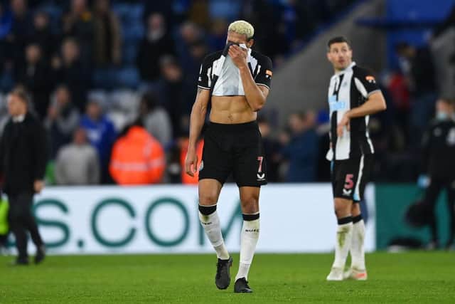 Joelinton of Newcastle United looks dejected after the Premier League match between Leicester City and Newcastle United at The King Power Stadium on December 12, 2021 in Leicester, England. (Photo by Gareth Copley/Getty Images)