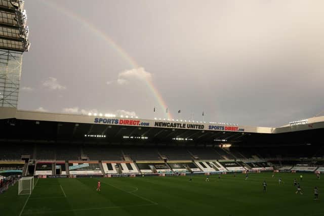 A general view shows a rainbow overhead during the English Premier League football match between Newcastle United and Everton at St James' Park in Newcastle-upon-Tyne, north east England on November 1, 2020.
