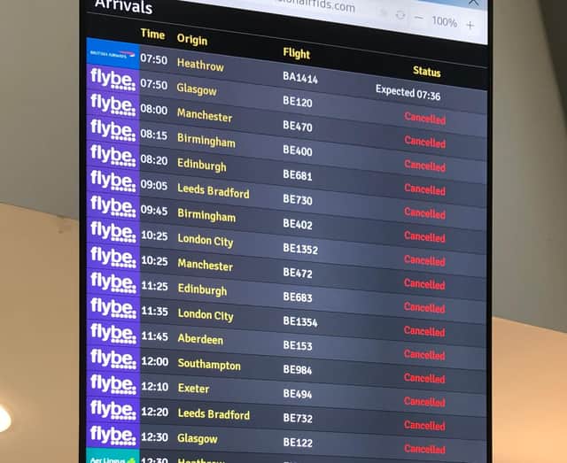 The flight departure boards showing cancelled flights as Flybe, Europe's biggest regional airline collapsed into administration. PA Photo.