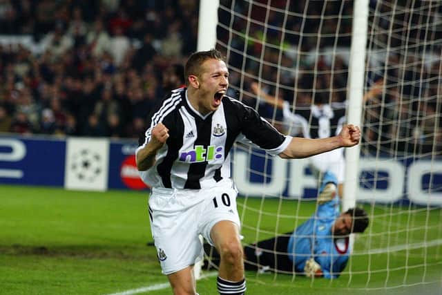 Craig Bellamy celebrates Newcastle United's winner over Feyenoord 20 years ago.