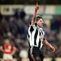 Peter Beardsley celebrates a goal against Nottingham Forest in 1996.