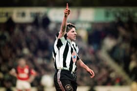 Peter Beardsley celebrates a goal against Nottingham Forest in 1996.