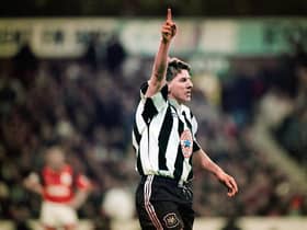 Peter Beardsley celebrates a goal against Nottingham Forest in 1996.