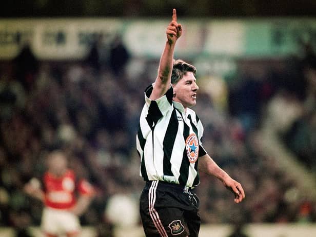 Peter Beardsley celebrates a goal against Nottingham Forest in 1996.