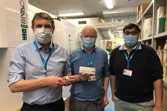 South Tyneside and Sunderland NHS Foundation Trust's Chief Executve Ken Bremner, Dave Miller from its pharmacy team and and Shaz Wahid, the trust's medical director with the first batch of the Oxford University and AstraZeneca vaccine.